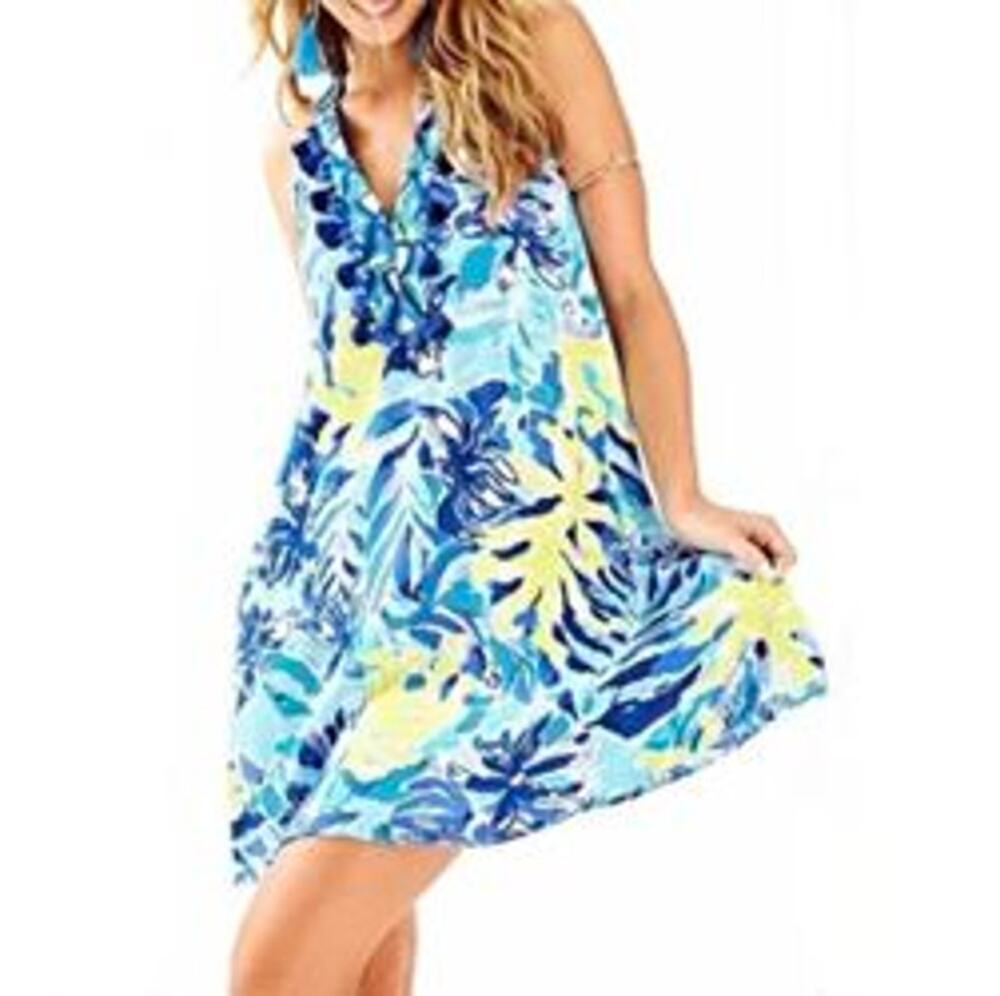 Lilly Pulitzer Achelle Dress Indigo Love Swing Dress Blue/Yellow Women's Med EUC